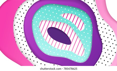 Abstract geometrical papercut design template. Lines and dots with ultraviolet, pink and turquoise paper layers 3d effect. Trendy ultraviolet backdrop.