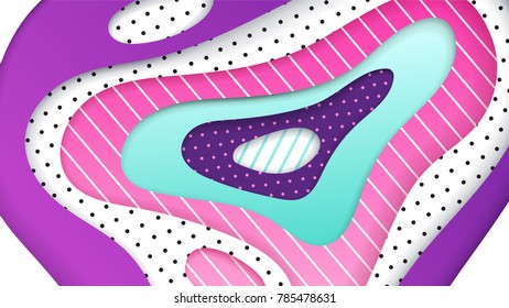 Abstract geometrical papercut design template. Lines and dots with ultraviolet, pink and turquoise paper layers 3d effect. Trendy ultraviolet backdrop.