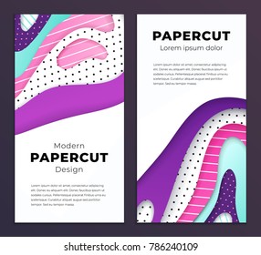 Abstract geometrical papercut design template. Lines and dots with ultraviolet, pink and turquoise paper layers 3d effect. Trendy ultraviolet vertical banners.