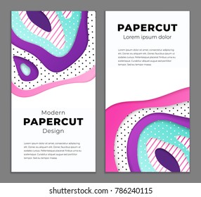 Abstract geometrical papercut design template. Lines and dots with ultraviolet, pink and turquoise paper layers 3d effect. Trendy ultraviolet vertical banners.
