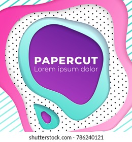 Abstract geometrical papercut design template. Lines and dots with ultraviolet, pink and turquoise paper layers 3d effect. Trendy ultraviolet backdrop.