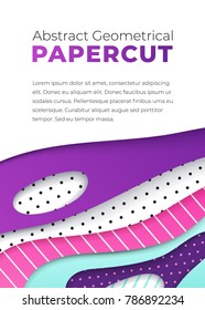 Abstract geometrical papercut design template. Lines and dots with ultraviolet, pink and turquoise paper layers 3d effect. Trendy ultraviolet backdrop.