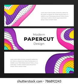 Abstract geometrical papercut design template. Lines and dots with ultraviolet, pink, yellow and turquoise paper layers 3d effect. Trendy ultraviolet three horizontal banners.