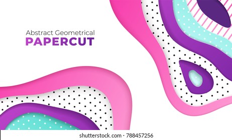 Abstract geometrical papercut design template. Lines and dots with ultraviolet, pink and turquoise paper layers 3d effect. Trendy ultraviolet backdrop.