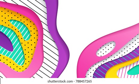 Abstract geometrical papercut design template. Lines and dots with ultraviolet, pink, yellow and turquoise paper layers 3d effect. Trendy ultraviolet backdrop.