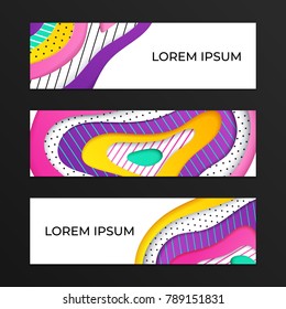 Abstract geometrical papercut design template. Lines and dots with ultraviolet, pink, yellow and turquoise paper layers 3d effect. Trendy ultraviolet three horizontal banners.