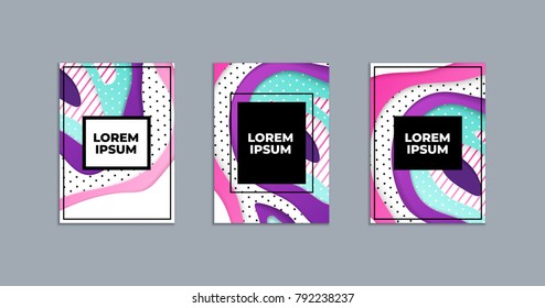 Abstract geometrical papercut design template. Lines and dots with ultraviolet, pink and turquoise paper layers 3d effect. Trendy ultraviolet three book or magazine cover design.