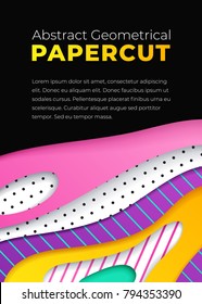Abstract geometrical papercut design template. Lines and dots with ultraviolet, pink, yellow and turquoise paper layers 3d effect. Trendy ultraviolet backdrop.
