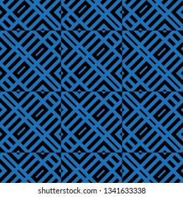 Abstract geometrical pattern with black and blue thick lines, a rhombus. Chevron seamless background. Modern graphic texture. Vector illustration.