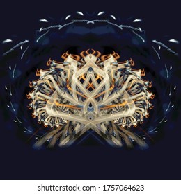 Abstract geometrical pattern design resembling anything from a mushroom, to a tree, to a human head & everything in between. Composed of oranges, beiges, & blues on a deep Navy blue square background.