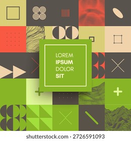 Padrão geométrico abstrato. Mosaico. Composição artística. Fundo da paisagem. Ilusão óptica.Modelo de design de capa. Vetor para brochura, cartaz, cartão, apresentação, folheto ou banner.