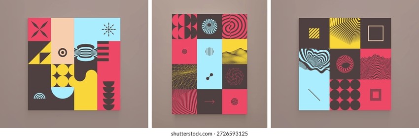 Padrão geométrico abstrato. Mosaico. Composição artística. Fundo da paisagem. Ilusão óptica.Modelo de design de capa. Vetor para brochura, cartaz, cartão, apresentação, folheto ou banner.