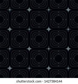 Abstract geometrical pattern with round edge square shapes in light pigeon grey outline and little diamond shape elements on black background. Seamless vector pattern.
