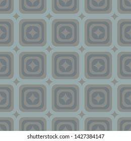 Abstract geometrical pattern with round edge square shapes in neutral dark and warm grey and beige brown shade. Light pigeon blue background with little diamond shape elements. Seamless vector.