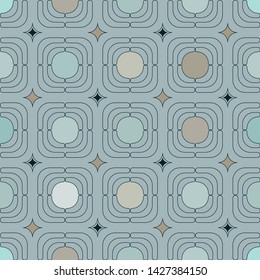 Abstract geometrical pattern with round edge square shapes, circles and little diamond shape elements. Combination of neutral shades of beige grey and pale turquoise colour. Seamless vector pattern.

