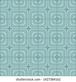 Abstract geometrical pattern with round edge square shapes in dark grey outline and little diamond shape elements in neutral shades of turquoise colour. Seamless vector pattern.
