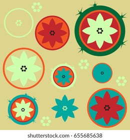 Abstract geometrical pattern with round floral elements. Stylized cacti motifs. Cartoon modern style.