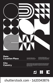 Abstract geometrical poster design layout with editable text and graphics. Swiss geometry composition artwork with simple vector shapes. Useful for poster design, presentation backdrop, A4 size flyer.