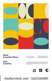 Abstract geometrical poster design layout with editable text and graphics. Swiss geometry composition artwork with simple vector shapes. Useful for poster design, presentation backdrop, A4 size flyer.