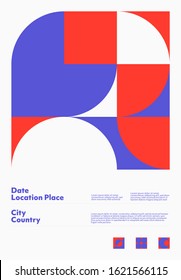 Abstract geometrical poster design layout with editable text and graphics. Swiss geometry composition artwork with simple vector shapes. Useful for poster design, presentation backdrop, A4 size flyer.