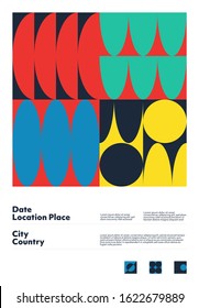 Abstract geometrical poster design layout with editable text and graphics. Swiss geometry composition artwork with simple vector shapes. Useful for poster design, presentation backdrop, A4 size flyer.