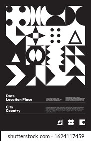 Abstract geometrical poster design layout with editable text and graphics. Swiss geometry composition artwork with simple vector shapes. Useful for poster design, presentation backdrop, A4 size flyer.