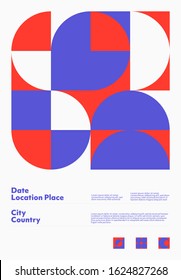 Abstract geometrical poster design layout with editable text and graphics. Swiss geometry composition artwork with simple vector shapes. Useful for poster design, presentation backdrop, A4 size flyer.