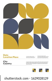 Abstract geometrical poster design layout with editable text and graphics. Swiss geometry composition artwork with simple vector shapes. Useful for poster design, presentation backdrop, A4 size flyer.