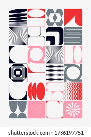 Abstract geometrical poster design layout with editable text and graphics. Swiss geometry composition artwork with simple vector shapes. Useful for poster design, presentation backdrop, A4 size flyer.