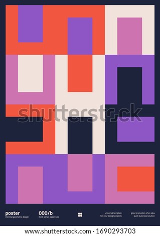 Abstract geometrical poster design layout with editable text and graphics. Geometry composition artwork with simple vector shapes. Useful for poster design, presentation backdrop, A4 size flyer.