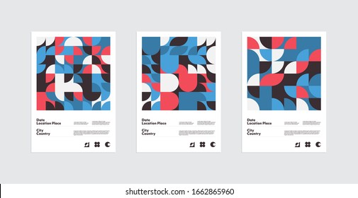 Diseño de conjunto de afiches geométricos abstracto con texto editable y gráficos. Dibujo de composición geométrica suiza con formas vectoriales simples. Útil para el diseño de afiches, fondo de presentación, volante tamaño A4.