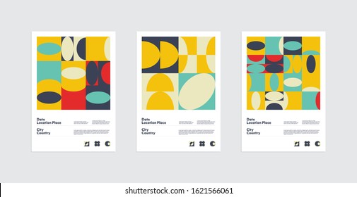 Abstract geometrical posters set design layout with editable text and graphics. Swiss geometry composition artwork with simple vector shapes. Useful for poster design, presentation backdrop, A4 size.