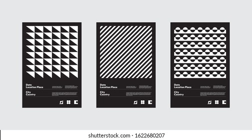 Abstract geometrical posters set design layout with editable text and graphics. Swiss geometry composition artwork with simple vector shapes. Useful for poster design, presentation backdrop, A4 size.