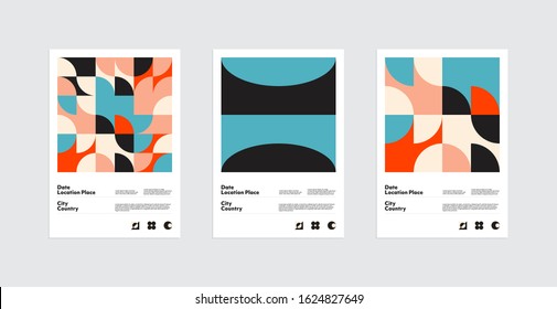 Abstract geometrical posters set design layout with editable text and graphics. Swiss geometry composition artwork with simple vector shapes. Useful for poster design, presentation backdrop, A4 size