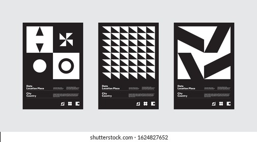 Abstract geometrical posters set design layout with editable text and graphics. Swiss geometry composition artwork with simple vector shapes. Useful for poster design, presentation backdrop, A4 size