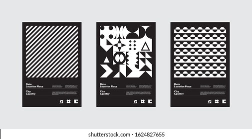 Abstract geometrical posters set design layout with editable text and graphics. Swiss geometry composition artwork with simple vector shapes. Useful for poster design, presentation backdrop, A4 size