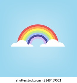 Resumen de arco iris geométrico con nubes. Colores: rojo, naranja, amarillo, verde, azul, azul oscuro y violeta. Ilustración vectorial, diseño plano