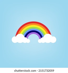 Resumen de arco iris geométrico con nubes. Colores: rojo, naranja, amarillo, verde, azul, azul oscuro y violeta. Ilustración vectorial, diseño plano