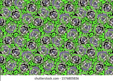 Abstract geometrical rose floral pattern with green leaves