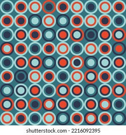 Abstract geometrical round shapes, 60s style retro christmas modern seamless repeat pattern. Multicolored, vector polka dot all over surface print background.
