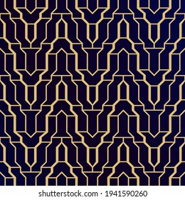 Abstract geometrical seamless background. Luxurious golden pattern on a dark blue background. Vector element of graphic design.