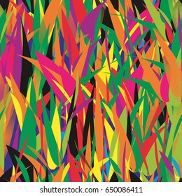 Abstract geometrical seamless pattern with bright multicolored intersected lines. Exotic tropical grass texture. 
