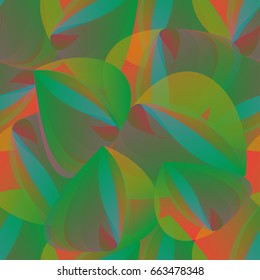 Abstract geometrical  seamless pattern with bright exotic leaves. Orange and green colors, halftones. Hawaiian holidays, tropical motifs.