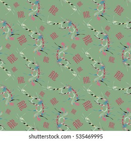 Abstract geometrical seamless pattern in Chinese style with abstract dragon and hieroglyph lettering.