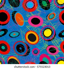 Abstract geometrical seamless pattern with circles. Funny childish design for clothes, wrap, congratulation cards, textile, postcards.