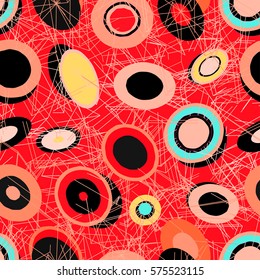 Abstract geometrical seamless pattern with circles. Funny childish design for clothes, wrap, congratulation cards, textile, postcards.