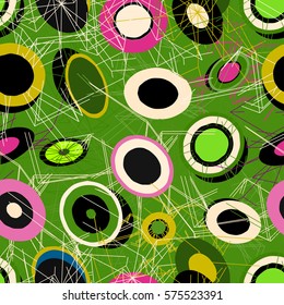 Abstract geometrical seamless pattern with circles. Funny childish design for clothes, wrap, congratulation cards, textile, postcards.