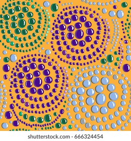 Abstract geometrical seamless pattern with circles and spirals formed with cabochon gems or drops of liquid. Colorful on a yellow background.