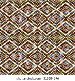 Abstract Geometrical seamless pattern with colorful rhombuses, strips. Endless repeatable background, trendy colors. Drawn vector illustration, gold retro design, funky style.