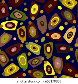 Abstract geometrical seamless pattern with colorful circles, rings and ovals. Effect psychedelic texture for poster, gift paper, card, fabric. Brown, yellow, green on dark blue.